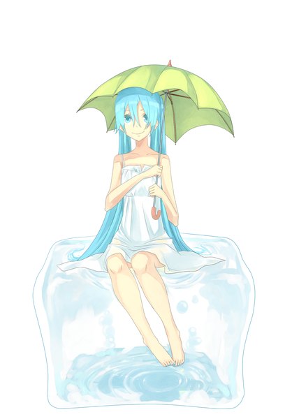 Anime picture 1280x1882 with vocaloid hatsune miku tomaeda (bravered) long hair tall image looking at viewer smile white background sitting twintails aqua eyes aqua hair girl dress water umbrella