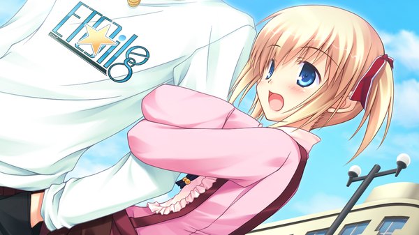 Anime picture 1280x720 with himitsu no otome blush short hair open mouth blue eyes blonde hair wide image twintails game cg loli short twintails girl ribbon (ribbons) hair ribbon