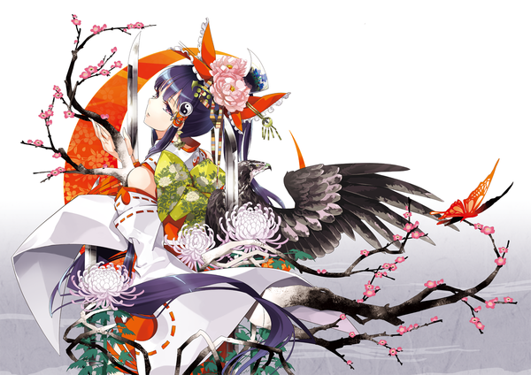 Anime picture 1400x990 with touhou hakurei reimu tsurukame single long hair black hair purple eyes traditional clothes looking back miko girl hair ornament flower (flowers) bow hair bow detached sleeves animal bird (birds) insect butterfly