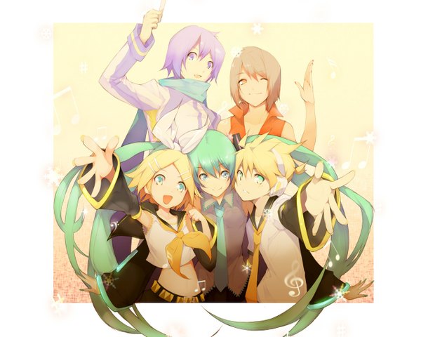 Anime picture 1280x1024 with vocaloid hatsune miku kagamine rin kagamine len kaito (vocaloid) meiko tujisaki girl