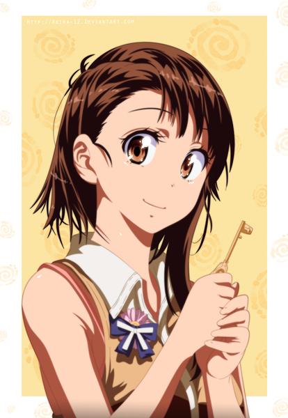 Anime picture 1500x2172 with nisekoi shaft (studio) onodera kosaki akira-12 single long hair tall image smile brown hair brown eyes sleeveless coloring portrait girl key