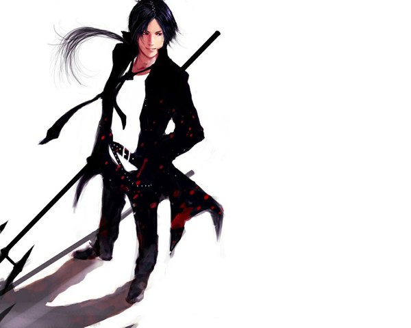 Anime picture 1100x880 with katekyou hitman reborn rokudo mukuro single long hair black hair smile white background black eyes shadow hands in pockets boy weapon necktie belt cloak