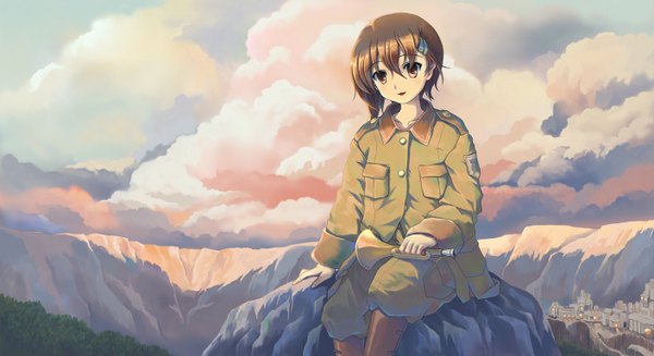 Anime picture 1408x768 with sora no woto a-1 pictures sorami kanata ranranloo single short hair open mouth brown hair wide image sitting brown eyes cloud (clouds) mountain girl uniform hair ornament hairclip military uniform