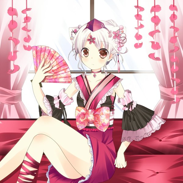 Anime picture 1000x1000 with touhou inubashiri momiji yuika (yurika712) single blush short hair red eyes white hair traditional clothes crossed legs girl hair ornament hat detached sleeves fan