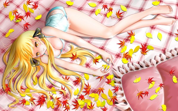 Anime picture 1920x1200 with miharin (artist) single long hair highres breasts light erotic blonde hair wide image yellow eyes lying girl underwear panties pillow leaf (leaves)