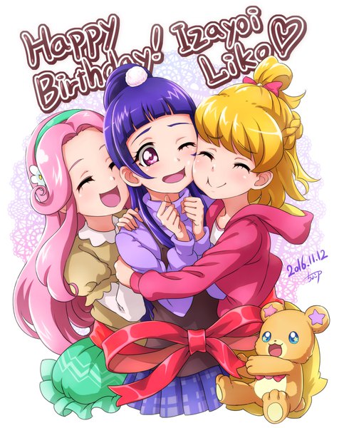 Anime picture 793x1000 with precure mahou girls precure! toei animation asahina mirai izayoi riko hanami kotoha mofurun (mahou girls precure!) ha-chan (mahou girls precure!) chocokin long hair tall image blush fringe short hair breasts open mouth blonde hair smile purple eyes multiple girls