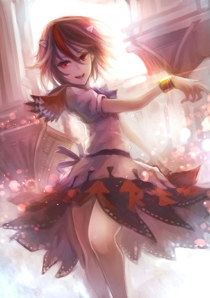 Anime picture 744x1053 with touhou kijin seija single tall image looking at viewer short hair open mouth red eyes brown hair multicolored hair horn (horns) two-tone hair streaked hair girl dress bracelet