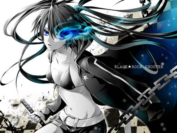Anime picture 1536x1152 with black rock shooter black rock shooter (character) hakuseki long hair blue eyes black hair simple background white background twintails midriff glowing scar glowing eye (eyes) pale skin checkered floor clothes on shoulders girl navel weapon sword