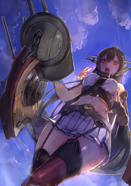 Anime picture 1413x2000 with kantai collection nagato battleship akasaai single long hair tall image fringe breasts black hair red eyes standing bare shoulders looking away cloud (clouds) pleated skirt sunlight bare belly from below girl thighhighs