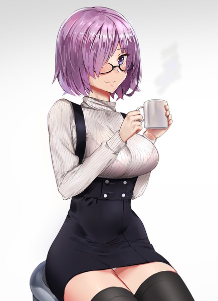 Anime picture 1692x2333 with fate (series) fate/grand order mash kyrielight ssamjang (misosan) single tall image looking at viewer fringe short hair breasts light erotic simple background smile large breasts sitting purple eyes purple hair hair over one eye pantyshot girl