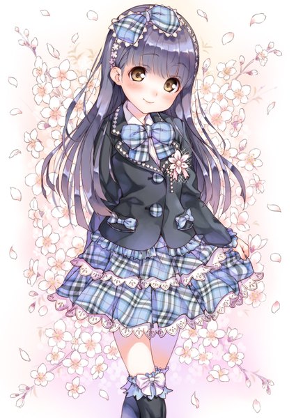 Anime picture 1063x1500 with original kink single long hair tall image looking at viewer blush smile yellow eyes purple hair plaid skirt girl thighhighs flower (flowers) bow black thighhighs hair bow petals blazer