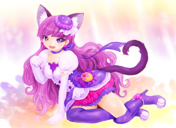 Anime picture 1400x1018 with precure kirakira precure a la mode toei animation kotozume yukari cure macaron tetetoroort single long hair looking at viewer blush fringe smile purple eyes animal ears purple hair tail animal tail short sleeves high heels puffy sleeves