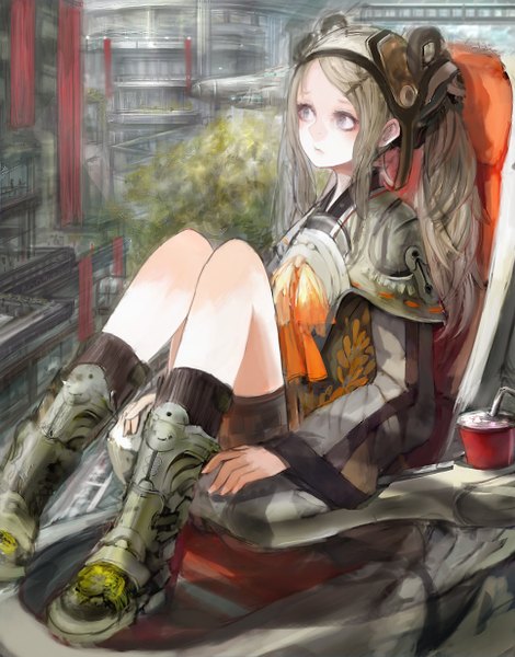 Anime picture 966x1233 with original asme (m a l d o) long hair tall image blonde hair sitting twintails grey eyes girl headdress building (buildings) thigh boots drink