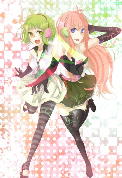Anime picture 1050x1523 with vocaloid happy synthesizer (vocaloid) megurine luka gumi m-mo (artist) long hair tall image short hair purple eyes multiple girls yellow eyes pink hair green hair victory checkered background girl thighhighs gloves 2 girls pantyhose