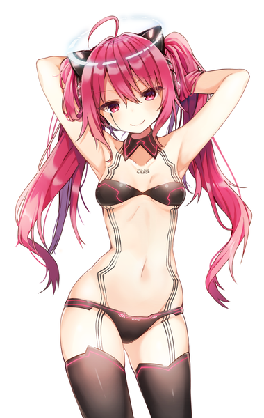 Anime picture 1000x1576 with sound voltex grace (sound voltex) shnva single long hair tall image looking at viewer blush fringe breasts light erotic simple background smile white background twintails pink hair ahoge head tilt pink eyes arms up