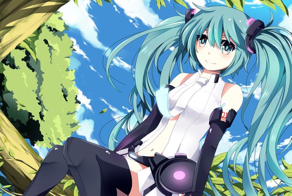 Anime picture 1539x1038 with vocaloid hatsune miku kuru-sann single long hair smile twintails sky cloud (clouds) aqua eyes aqua hair tattoo dutch angle girl thighhighs gloves black thighhighs plant (plants) tree (trees) elbow gloves