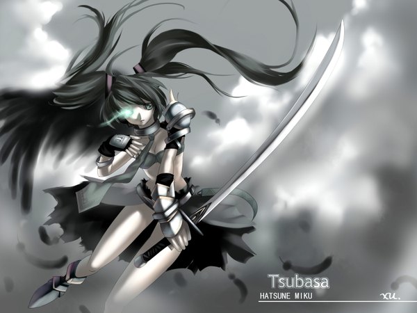 Anime picture 3000x2250 with black rock shooter vocaloid hatsune miku black rock shooter (character) long hair highres breasts black hair twintails holding black eyes inscription midriff alternate costume legs glowing monochrome glowing eye (eyes) single wing torn