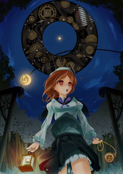 Anime picture 1447x2047 with original ilis (artist) single tall image short hair open mouth red eyes brown hair night girl dress hat moon clock pocket watch gears