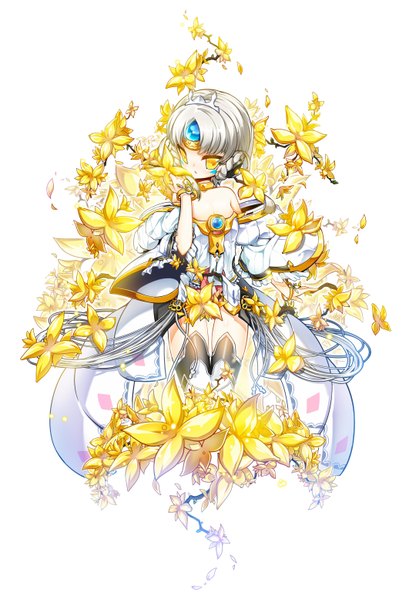 Anime picture 2124x3112 with elsword eve (elsword) poseich single tall image highres short hair yellow eyes silver hair girl dress flower (flowers) petals