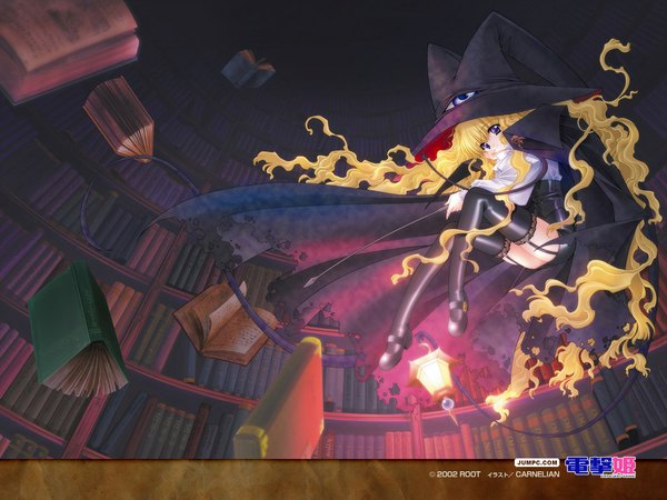 Anime picture 1024x768 with yami to boushi to hon no tabibito studio deen carnelian light erotic blonde hair indoors torn clothes curly hair girl thighhighs hat book (books) cloak shelf bookshelf library