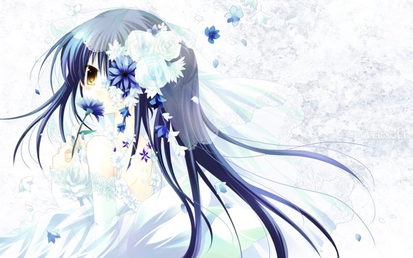 Anime picture 1920x1200 with gintama sunrise (studio) yagyuu kyuubei sakurazawa izumi single long hair blush highres wide image brown eyes blue hair ponytail looking back hair flower from behind wallpaper girl dress hair ornament flower (flowers)