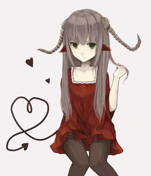 Anime picture 1200x1400 with original somma single long hair tall image white background green eyes horn (horns) pointy ears grey hair girl dress