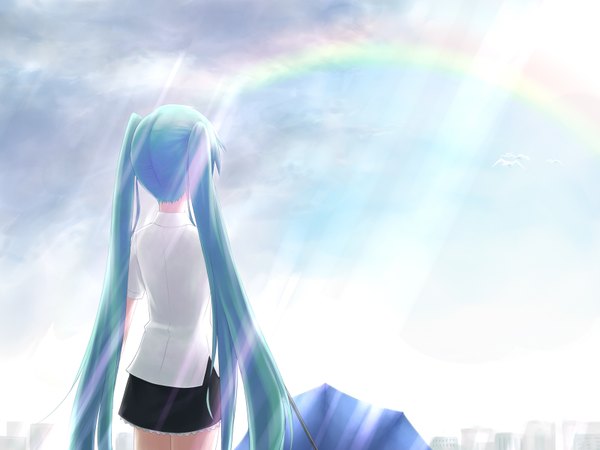 Anime picture 1600x1200 with vocaloid hatsune miku blue hair girl rainbow