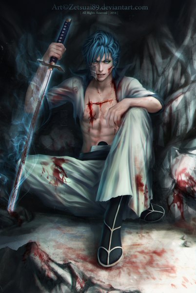 Anime picture 2840x4232 with bleach studio pierrot grimmjow jeagerjaques zetsuai89 single tall image looking at viewer highres short hair blue eyes sitting blue hair traditional clothes japanese clothes realistic inscription open clothes open shirt bloody clothes injury