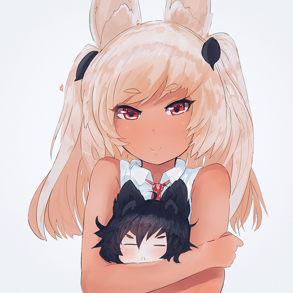 Anime picture 1190x1190 with original ehrrr single long hair blush fringe black hair blonde hair simple background smile red eyes twintails holding signed animal ears pointy ears sleeveless hug fox ears eyebrows