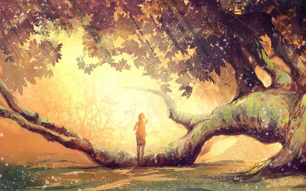 Anime picture 1920x1200 with original lincochuan single long hair highres wide image sunlight shadow back silhouette autumn girl plant (plants) tree (trees) leaf (leaves) forest
