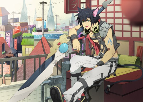 Anime picture 3492x2480 with mazjojo single looking at viewer fringe highres short hair open mouth black hair hair between eyes sitting green eyes absurdres tail animal tail cat tail tattoo headphones around neck boy weapon headphones
