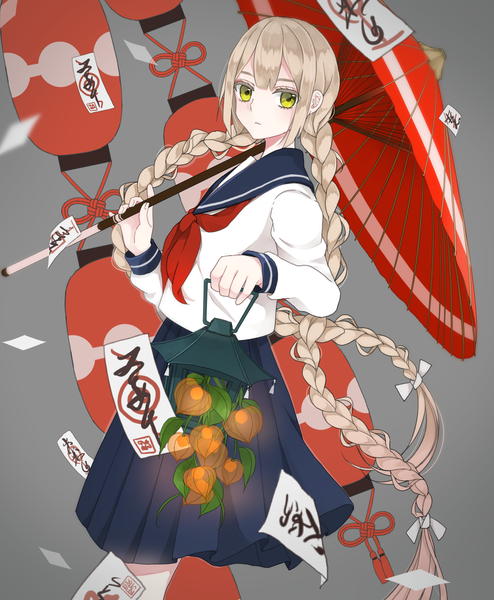 Anime picture 2744x3332 with original usamochi. single tall image looking at viewer fringe highres blonde hair green eyes payot braid (braids) very long hair twin braids girl uniform serafuku umbrella lantern oriental umbrella paper lantern