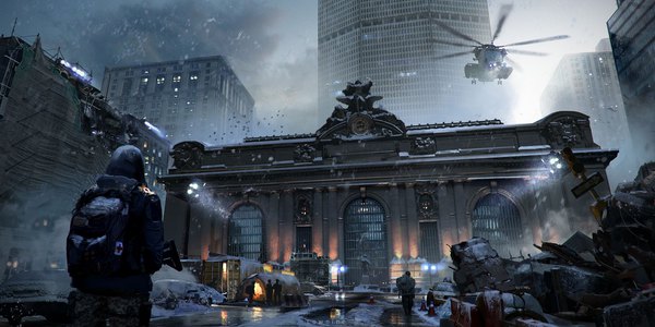 Anime picture 2000x1000 with tom clancy's the division lownine (amuza) highres wide image standing signed cloud (clouds) outdoors from behind city light snowing reflection dark background winter snow ruins multiple persona destruction weapon