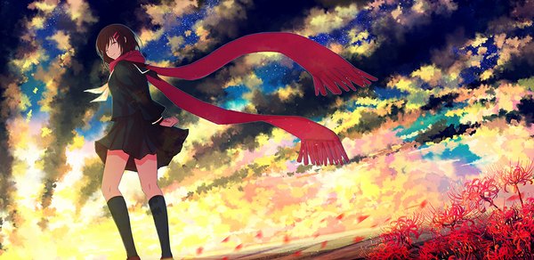 Anime picture 1100x536 with kagerou project shaft (studio) tateyama ayano aya (star) single long hair black hair smile wide image sky cloud (clouds) eyes closed pleated skirt looking back wind evening sunset hands behind back landscape nature