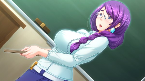 Anime picture 1280x720 with jutaijima long hair blue eyes wide image game cg purple hair braid (braids) teacher girl glasses