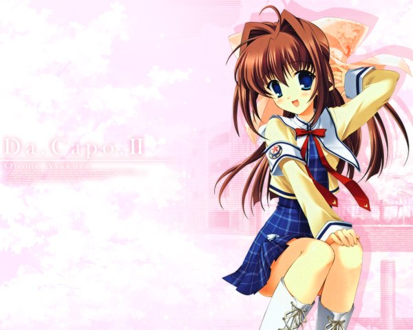 Anime picture 1280x1024 with da capo da capo ii asakura otome long hair looking at viewer open mouth smile brown hair inscription girl uniform school uniform