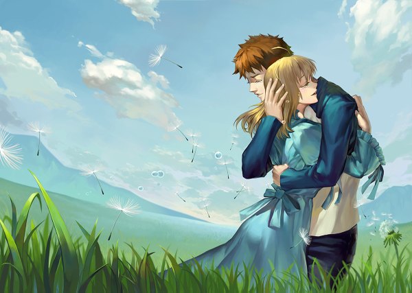 Anime picture 1200x855 with fate (series) fate/stay night fate/zero studio deen type-moon artoria pendragon (all) saber emiya shirou vmax-ver (a3eilm2s2y) long hair short hair blonde hair brown hair eyes closed alternate costume couple hug tears happy mountain