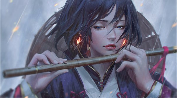 Anime picture 1440x800 with original guweiz single short hair blue eyes black hair wide image holding looking away upper body traditional clothes parted lips fingernails wind lips blurry realistic lipstick glowing looking down