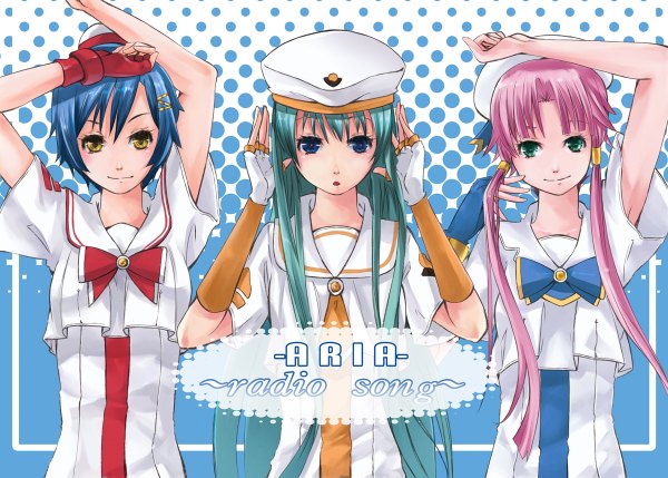 Anime picture 1200x858 with aria mizunashi akari alice carroll aika s granzchesta mille (dieci) long hair short hair blue eyes smile multiple girls green eyes yellow eyes blue hair pink hair upper body aqua hair arms up copyright name hand on head sailor collar