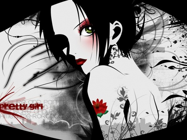 Anime picture 1280x960 with nana madhouse osaki nana yazawa ai hime-roronoa single looking at viewer short hair black hair brown eyes upper body lipstick back floral print shaded face bare back red lipstick third-party edit makeup girl