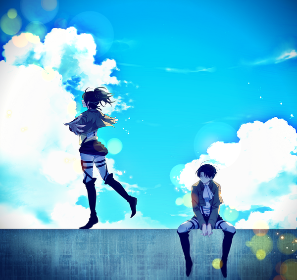 Anime picture 960x906 with shingeki no kyojin production i.g levi (rivaille) hange zoe taya long hair fringe short hair open mouth brown hair sitting looking away sky cloud (clouds) ponytail wind happy spread arms expressionless walking