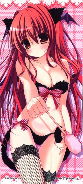 Anime picture 1595x3500 with touhou koakuma kino (kino konomi) single long hair tall image looking at viewer blush fringe breasts light erotic hair between eyes large breasts bare shoulders holding animal ears cleavage red hair tail parted lips