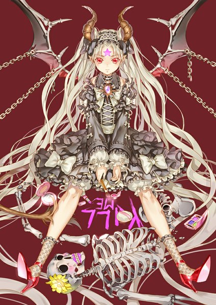 Anime picture 778x1100 with original hoshii hisa single tall image red eyes twintails white hair very long hair horn (horns) demon girl red background skeleton girl dress bow wings frills chain skull