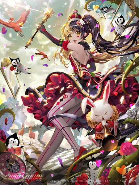 Anime picture 1000x1333 with alice in wonderland chaos drive original tob single long hair tall image open mouth brown hair twintails yellow eyes girl dress gloves flower (flowers) animal petals pantyhose black gloves elbow gloves