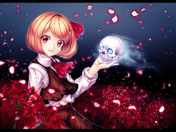 Anime picture 1600x1200 with touhou rumia chiyu (kumataro0x0) single looking at viewer fringe short hair blonde hair smile red eyes standing holding glowing letterboxed girl flower (flowers) bow hair bow petals skull