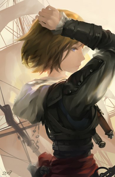 Anime picture 633x971 with assassin's creed (game) edward kenway jn3 single tall image fringe short hair blue eyes signed looking away profile lips hand on head boy hood hoodie sailing-ship