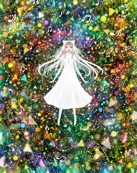 Anime picture 1590x2011 with original bounin long hair tall image open mouth blonde hair animal ears barefoot cat ears grey eyes treble clef girl dress white dress headphones