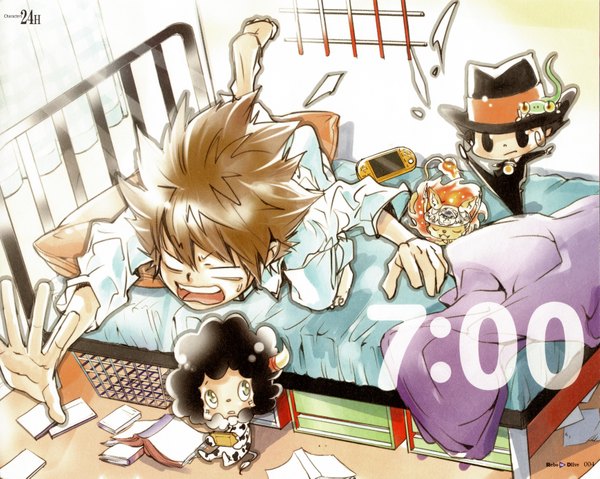 Anime picture 3473x2778 with katekyou hitman reborn rebo to dlive (artbook) sawada tsunayoshi reborn lambo leon (khr) nuts (khr) amano akira highres short hair open mouth black hair brown hair sitting green eyes yellow eyes absurdres black eyes scan official art