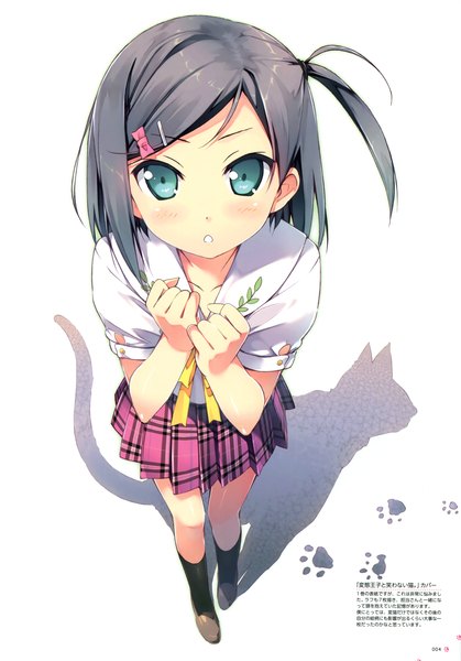 Anime picture 2512x3600 with hentai ouji to warawanai neko j.c. staff tsutsukakushi tsukiko kantoku single tall image looking at viewer blush highres short hair blue eyes black hair white background scan official art shadow one side up girl skirt uniform