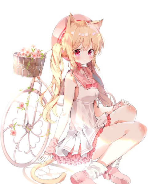 Anime picture 1000x1245 with original b rock single long hair tall image looking at viewer blush fringe blonde hair simple background red eyes white background sitting animal ears payot tail animal tail cat ears cat girl cat tail